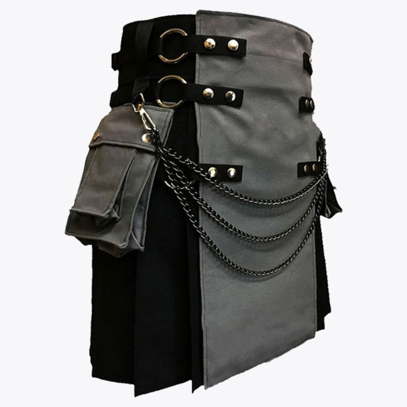Black & Grey with Chains Hybrid Utility Kilt For Men
