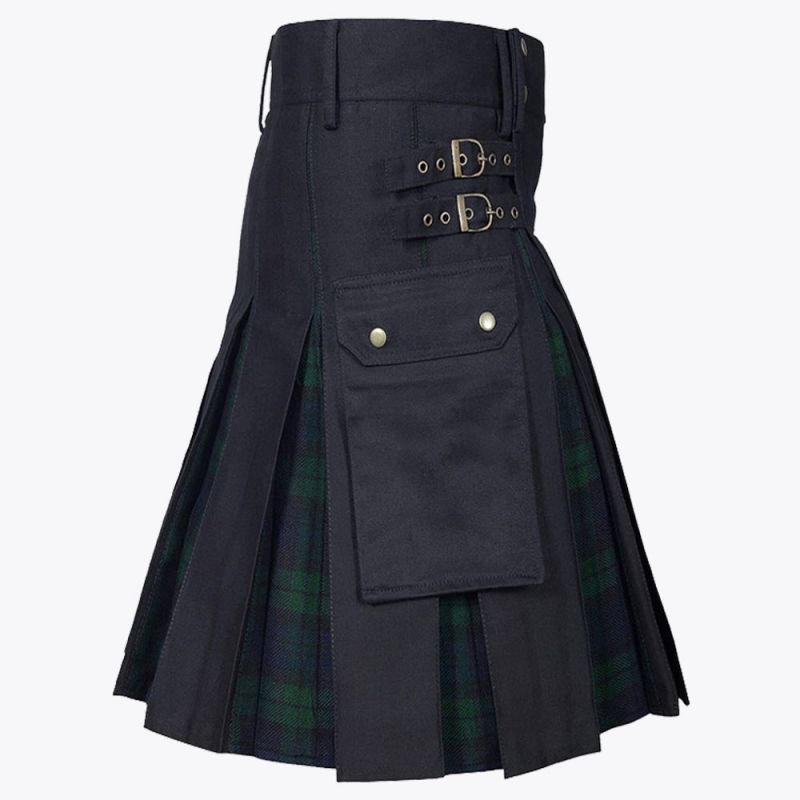 Black Cotton & Black Watch Hybrid Tartan Kilt
