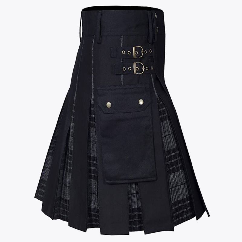 Black COTTON & Gray Watch Tartan Hybrid Utility Kilt

