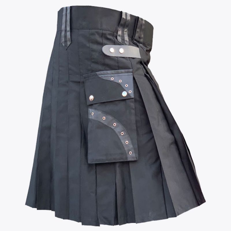 Black Cotton Utility Kilt With Leather Straps
