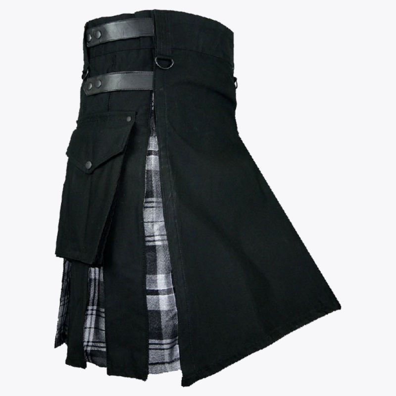 Black Cotton With Black Watch Tartan Hybrid Kilt
