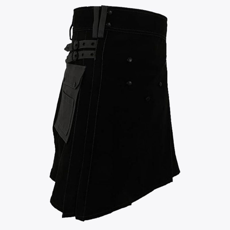 Black Deluxe Modern Kilt & Gray Straps Style With Gray Cargo Pockets
