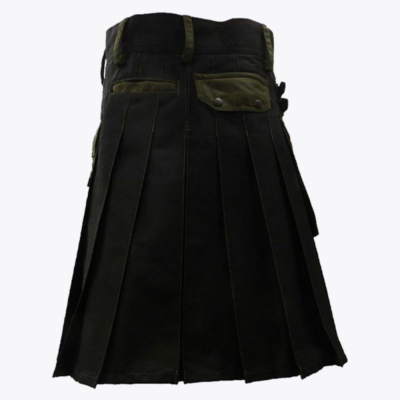Black Deluxe Modern Kilt & Olive Green Straps Style With Olive Green Cargo Pockets
