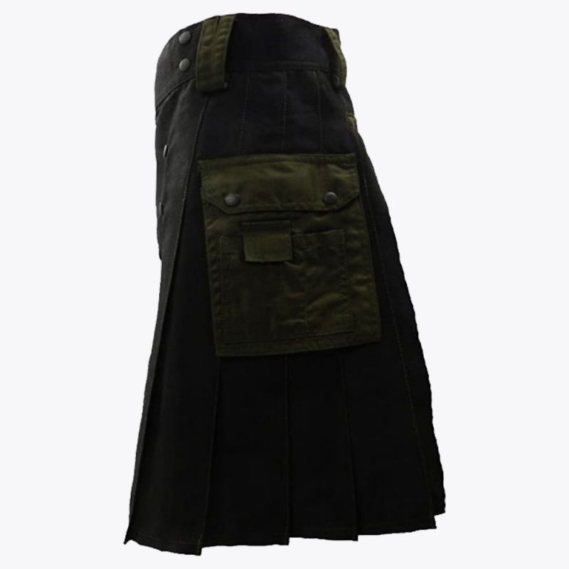 Black Deluxe Modern Kilt & Olive Green Straps Style With Olive Green Cargo Pockets
