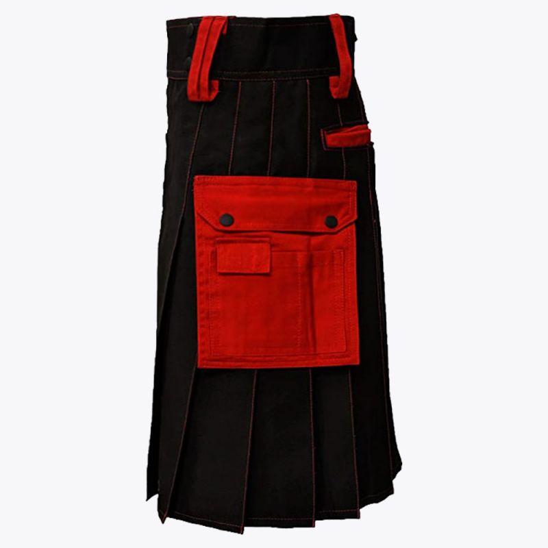 Black Deluxe Modern Kilt & Red Straps Style With Red Cargo Pockets
