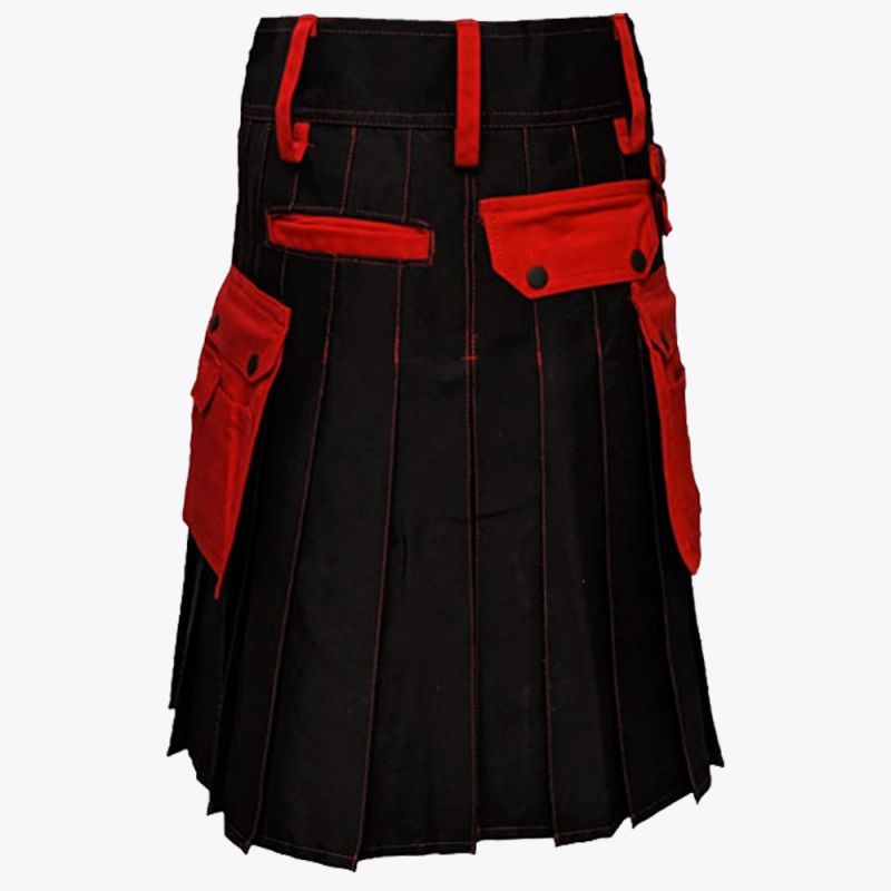 Black Deluxe Modern Kilt & Red Straps Style With Red Cargo Pockets
