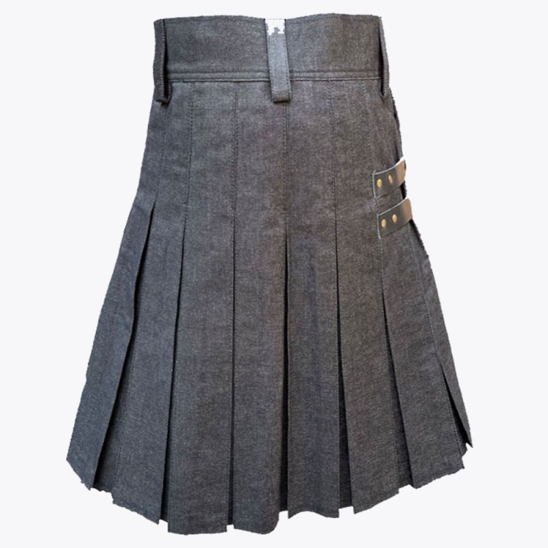 Black Denim Leather Strip Kilt
