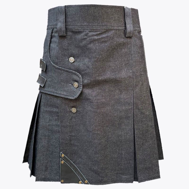 Black Denim Leather Strip Kilt
