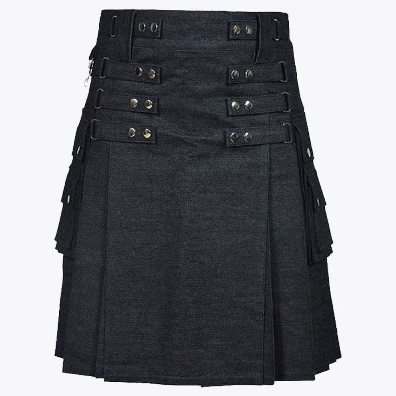 Black Denim Utility Kilt For Men
