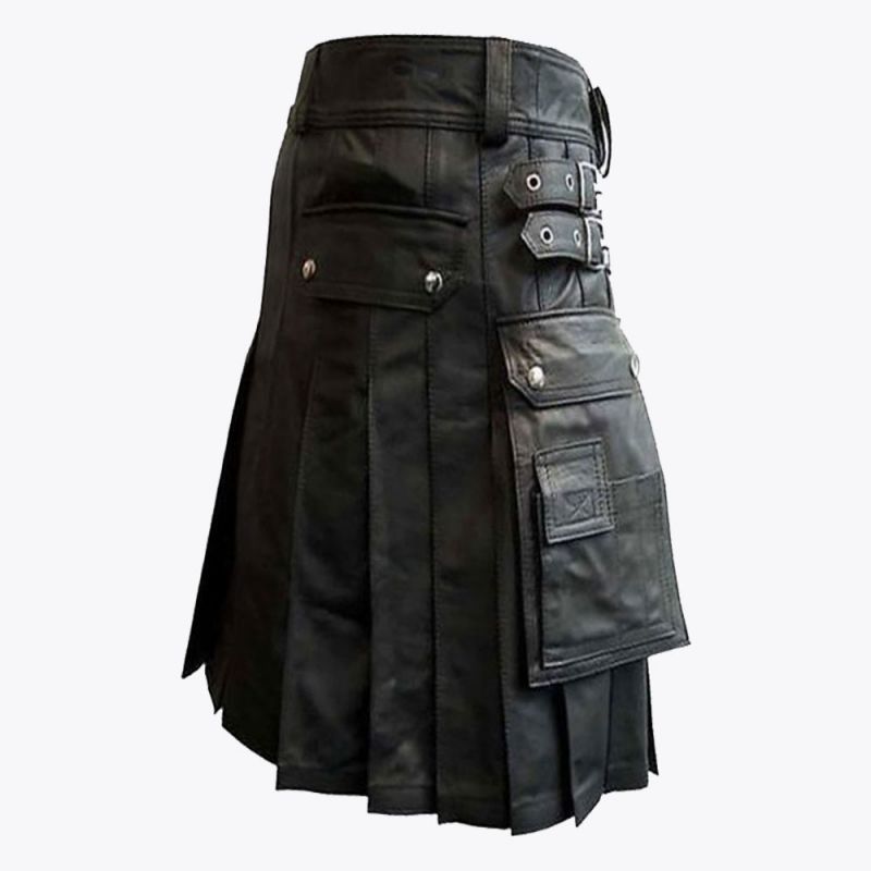 Black Leather Kilt with Cargo Pockets
