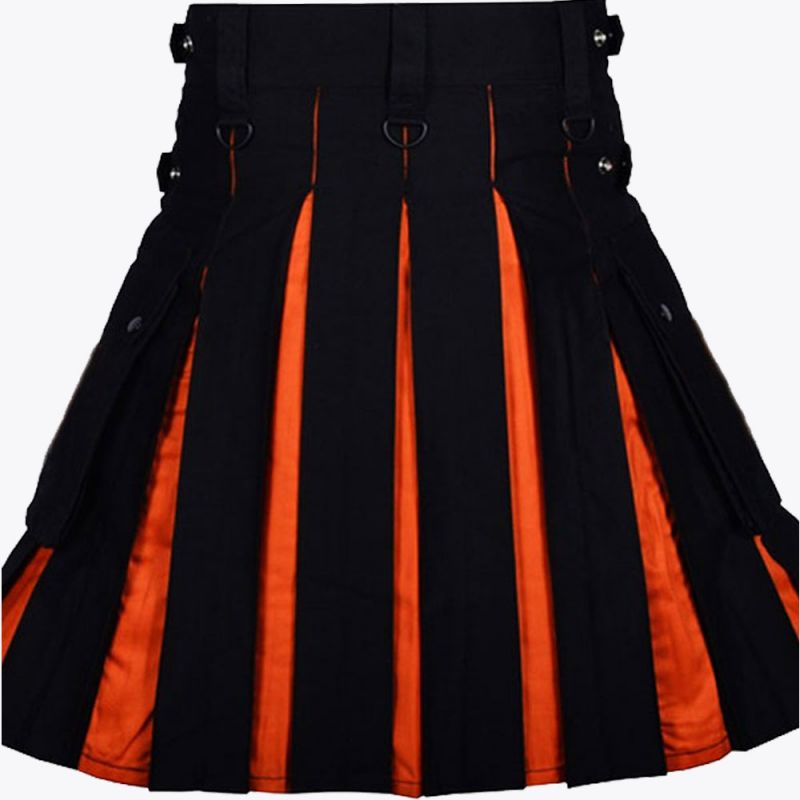 Black Modern Kilt & Orange Pleats Leather Straps Style With Cargo Pockets
