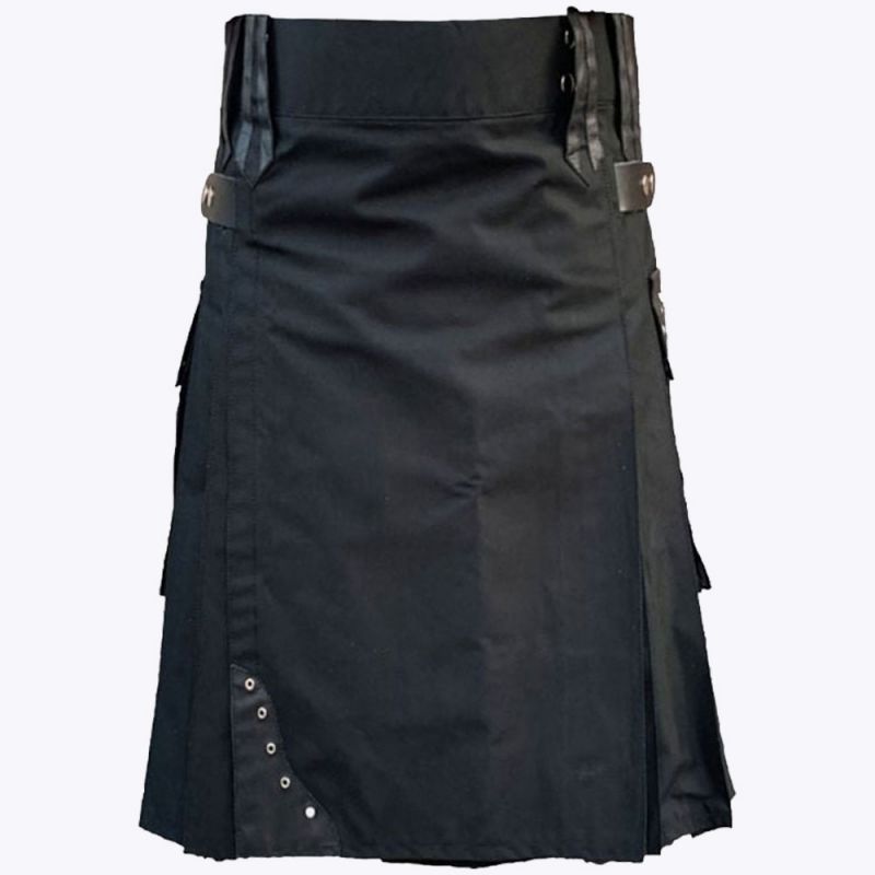 Black Cotton Utility Kilt With Leather Straps Black Cotton Utility Kilt With Leather Straps