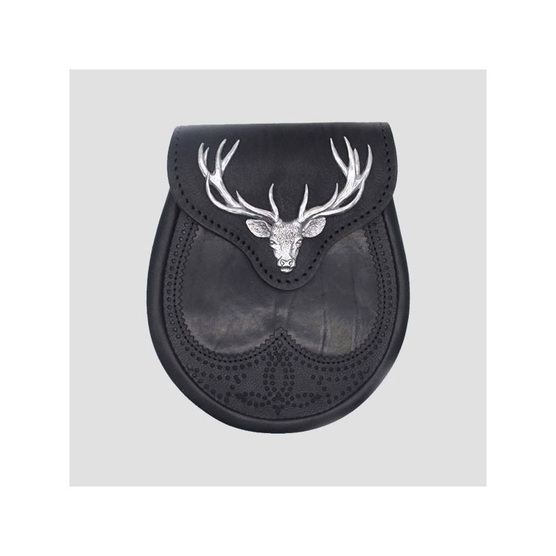 Black Stag Head Leather Sporran With Free Chain Belt Black Stag Head Leather Sporran With Free Chain Belt