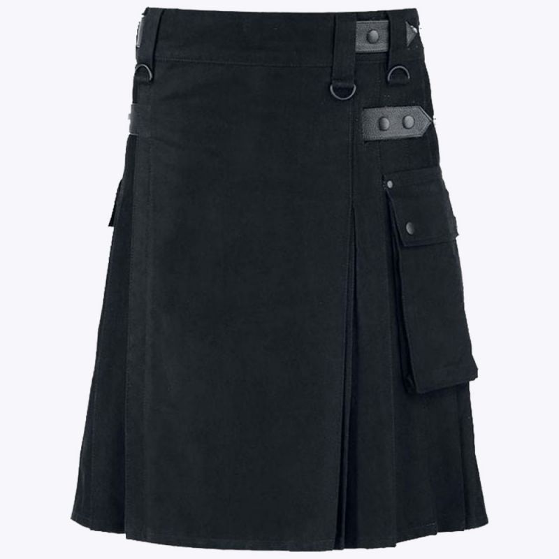 Black Utility Kilt With Leather Straps Black Utility Kilt With Leather Straps