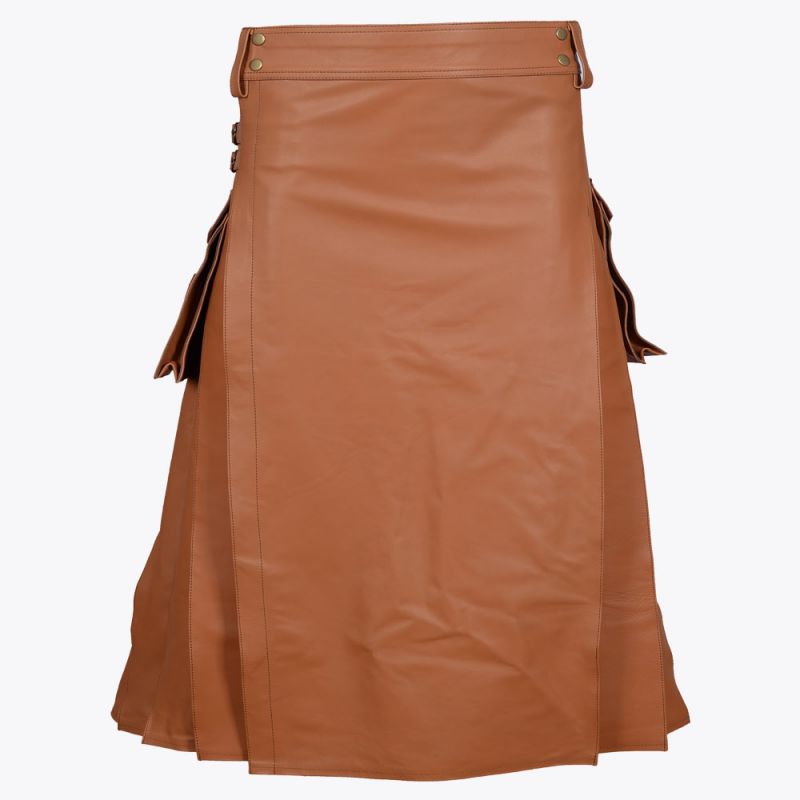 Brown Leather Utility Kilt For Men