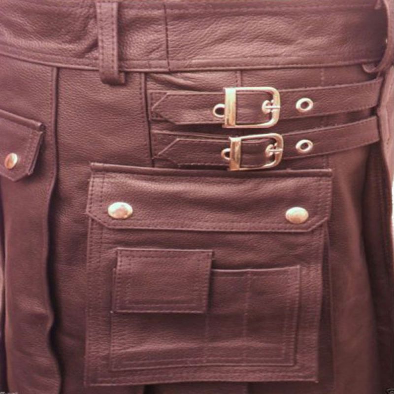 Chocolate Brown Leather Kilt with Cargo Pockets
