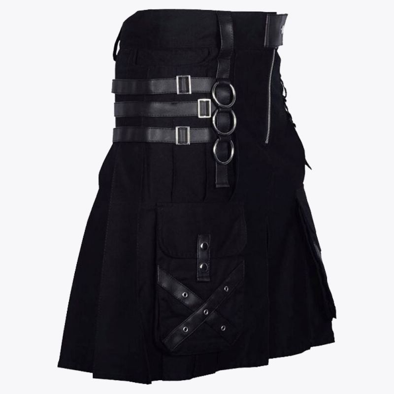 Gothic Throng Leather Straps Black Cotton Kilt
