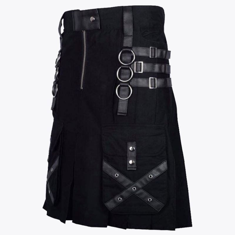 Gothic Throng Leather Straps Black Cotton Kilt
