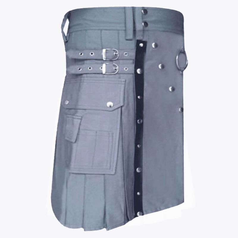 Grey Utility Kilt With Leather Straps
