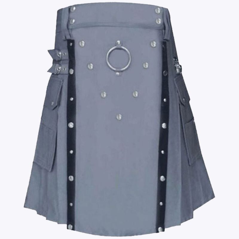 Grey Utility Kilt With Leather Straps Grey Utility Kilt With Leather Straps