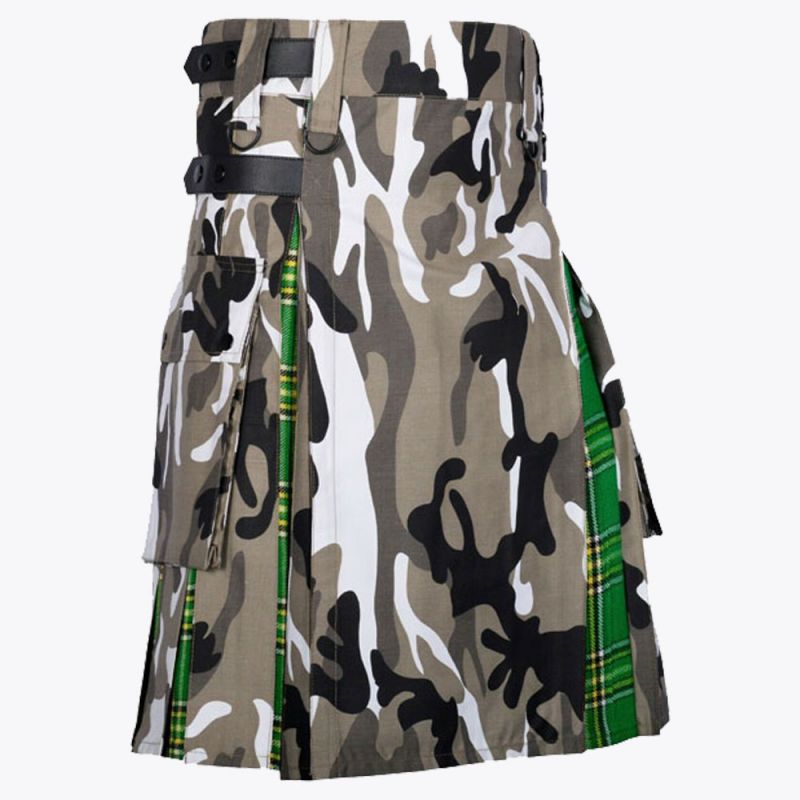 Irish Tartan & Urban Camo Utility Kilt with Cargo Pockets Hybrid Modern Kilt
