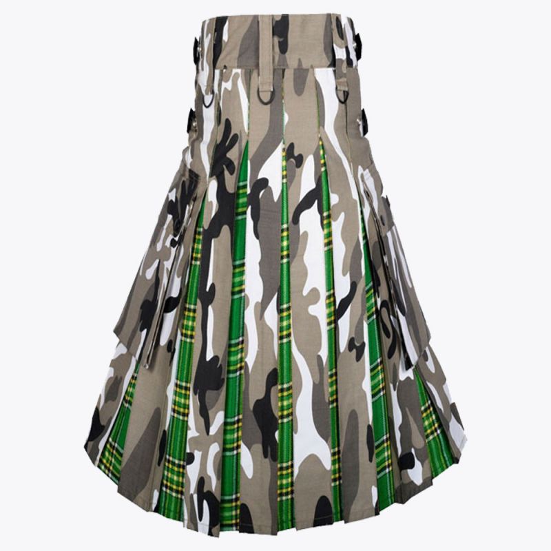 Irish Tartan & Urban Camo Utility Kilt with Cargo Pockets Hybrid Modern Kilt

