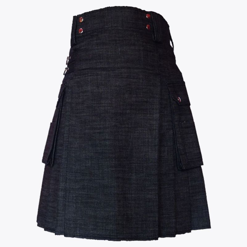 New Black Denim Kilt With Cargo Pockets
