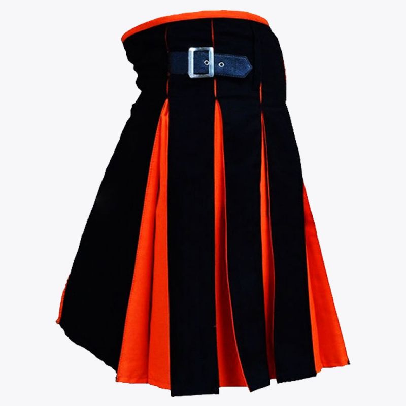 Orange & Black Cotton Hybrid Utility Kilt For Men
