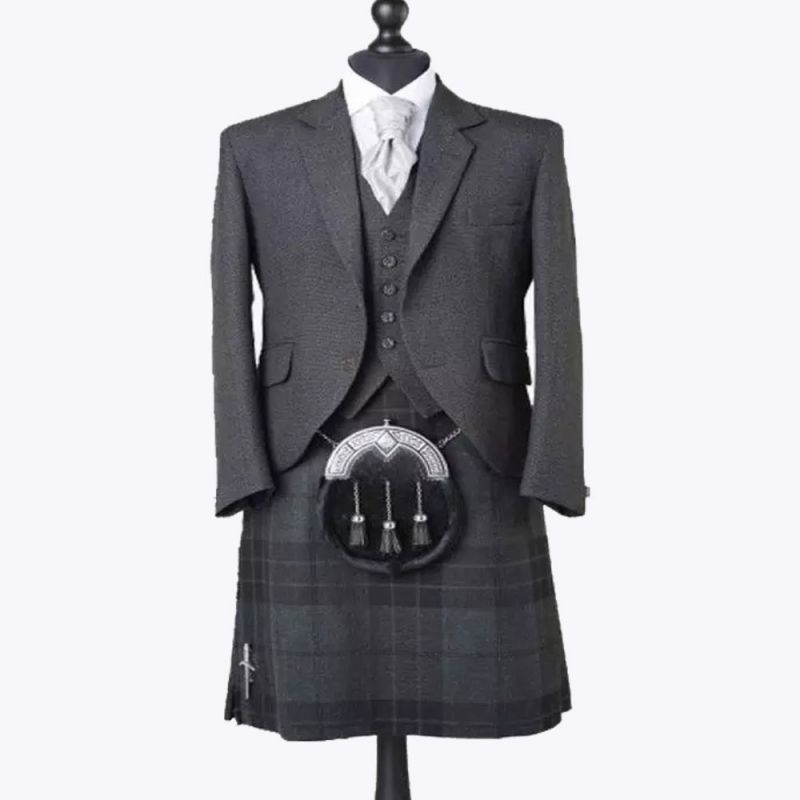 Premium Charcoal Gray Tweed Jacket With Night Watch Tartan Kilt Outfit Premium Charcoal Gray Tweed Jacket With Night Watch Tartan Kilt Outfit