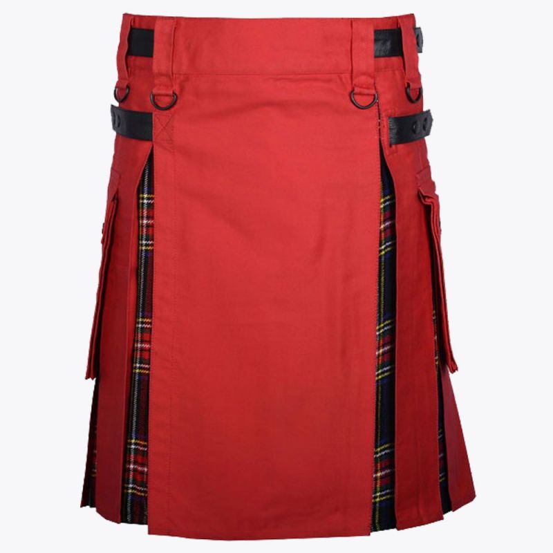 Red Cotton & Black Stewart Tartan Hybrid Utility Kilt For Men
