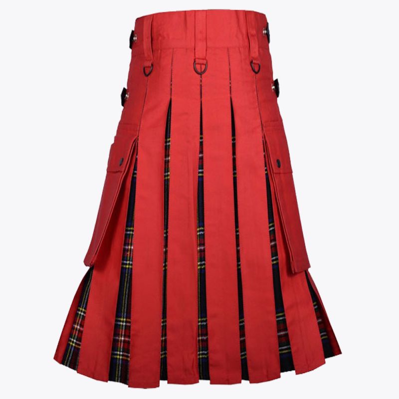 Red Cotton & Black Stewart Tartan Hybrid Utility Kilt For Men
