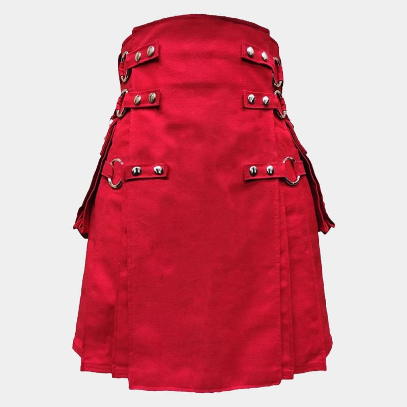 Red Canvas Cloth Straps Utility Kilt For Men