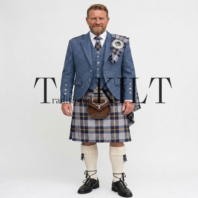 Redbull tartn kilt with Indigo Blue Tweed Argyle Jacket Kilt Outfit