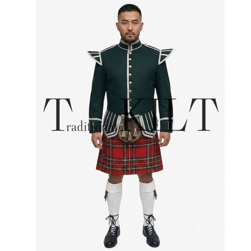Royal Stewart Tartan Doublet Kilt Outfit with Dark Green Jacket Outfit
