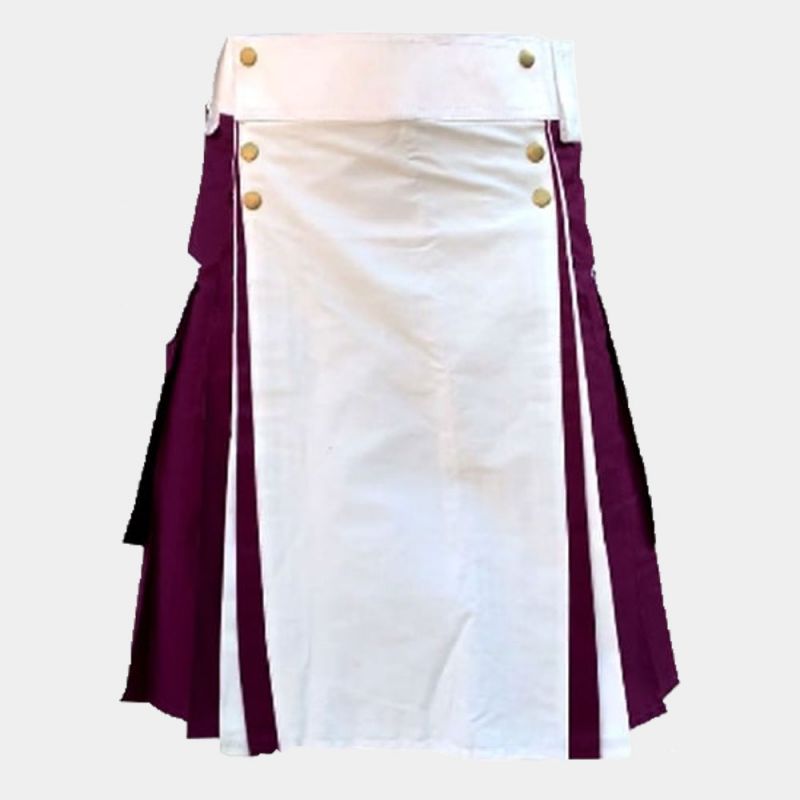 White & Burgundy Color Cotton Utility Kilt
