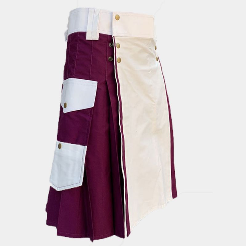 White & Burgundy Color Cotton Utility Kilt
