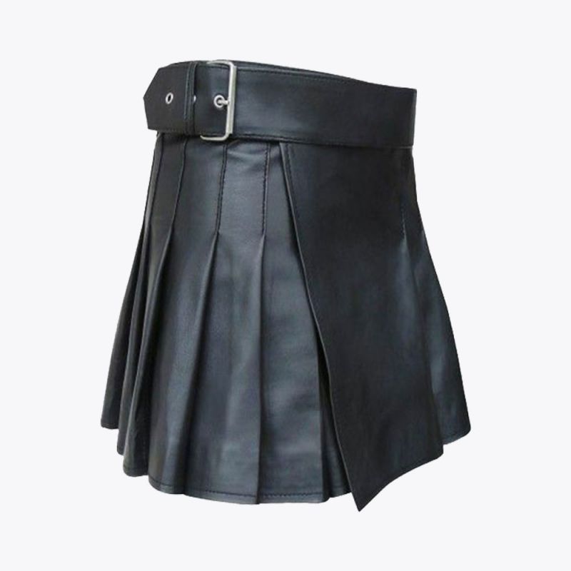 Women Black Leather Modern Mini Kilt
