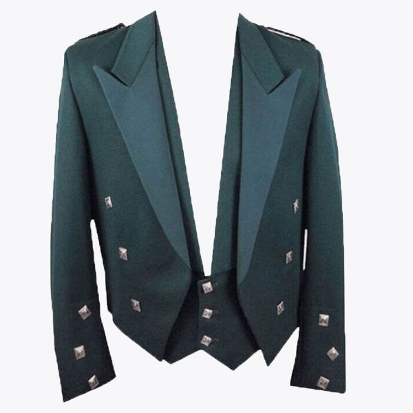 100 % Wool Green Prince Charlie Jacket with Waistcoat for Men