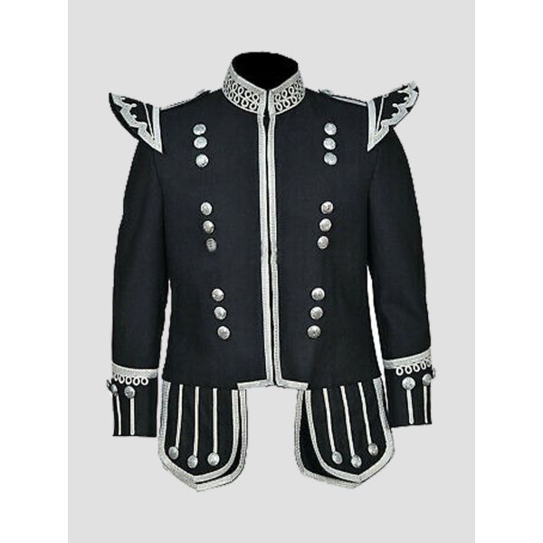 100% Wool New Scottish Black Military Drummer Doublet Tunic Jacket