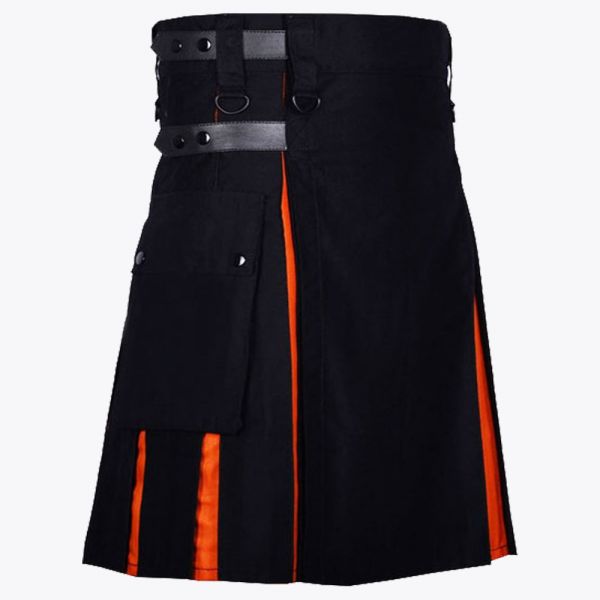 Black Modern Kilt & Orange Pleats Leather Straps Style With Cargo Pockets
