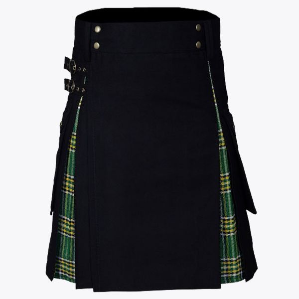 Black Utility Kilt & Irish Tartan Hybrid Kilt For Men
