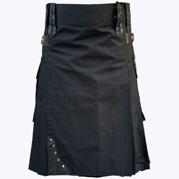 Black Cotton Utility Kilt With Leather Straps
