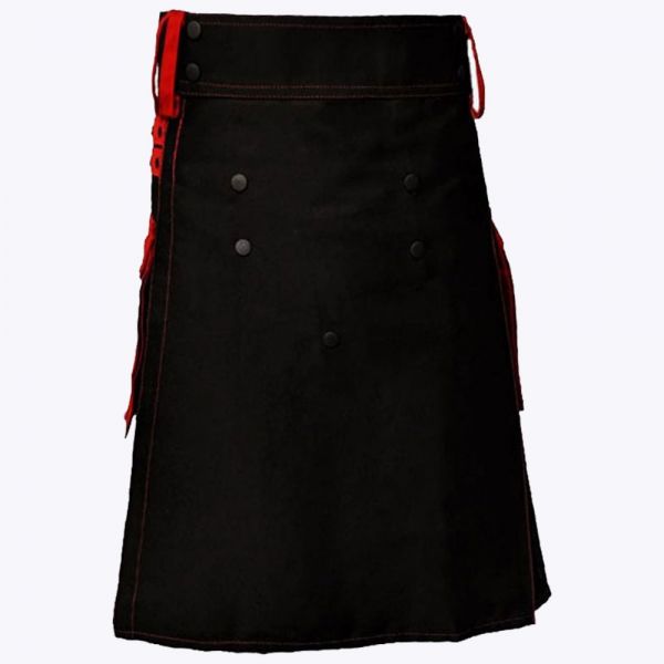 Black Deluxe Modern Kilt & Red Straps Style With Red Cargo Pockets