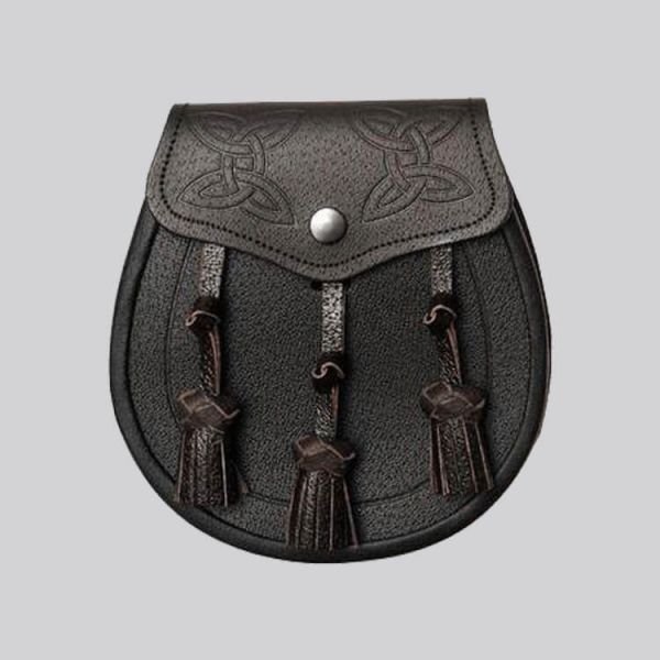 Black Leather Celtic Interweave Knotted Tassel Sporran With Free Chain Belt