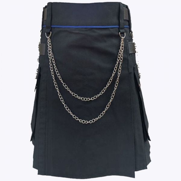 Black Modern Utility Kilt With Silver Chain
