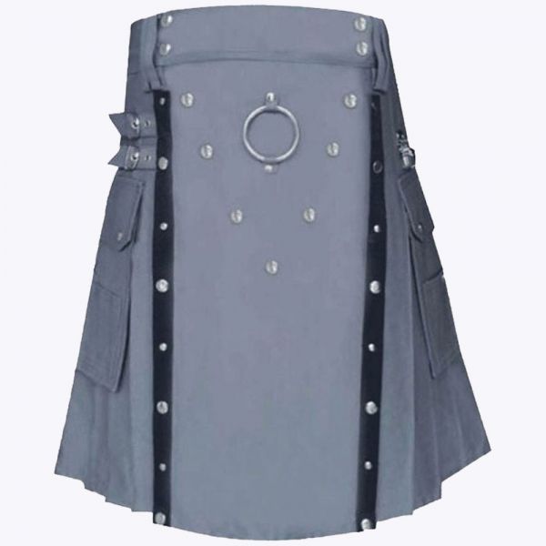 Grey Utility Kilt With Leather Straps
