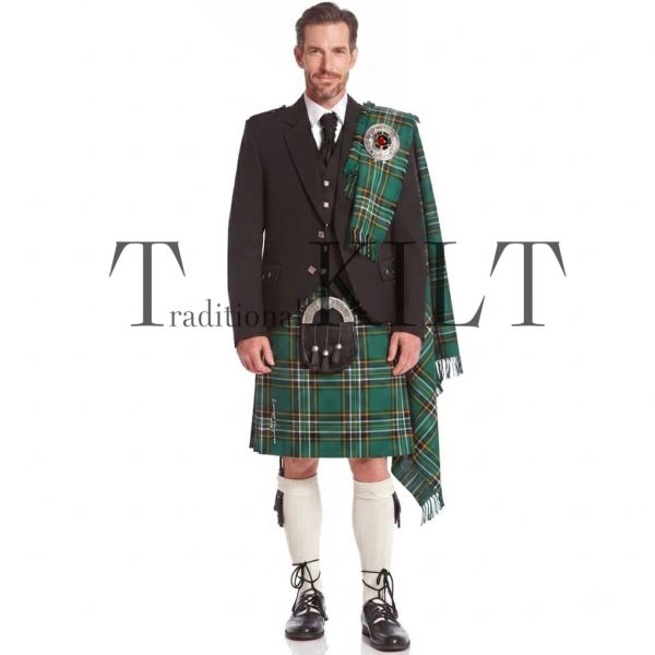 Irish National Tartan Kilt Outfit with Black Argyll Jacket