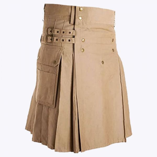 Khaki Utility Kilt & Straps Style With Cargo Pockets

