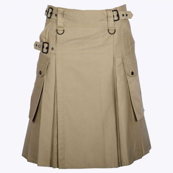 Khaki Utility Kilt with Cargo Pockets
