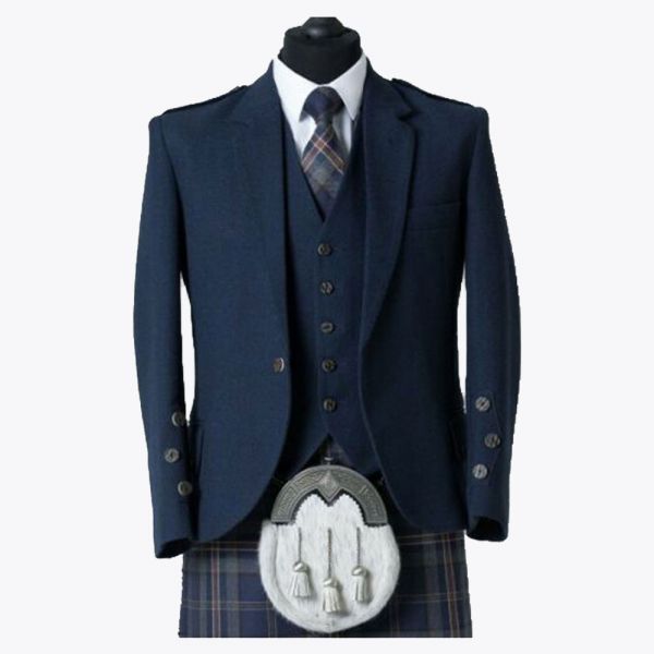 Men’s Blue Tweed Scottish Kilt Jacket with Waistcoat